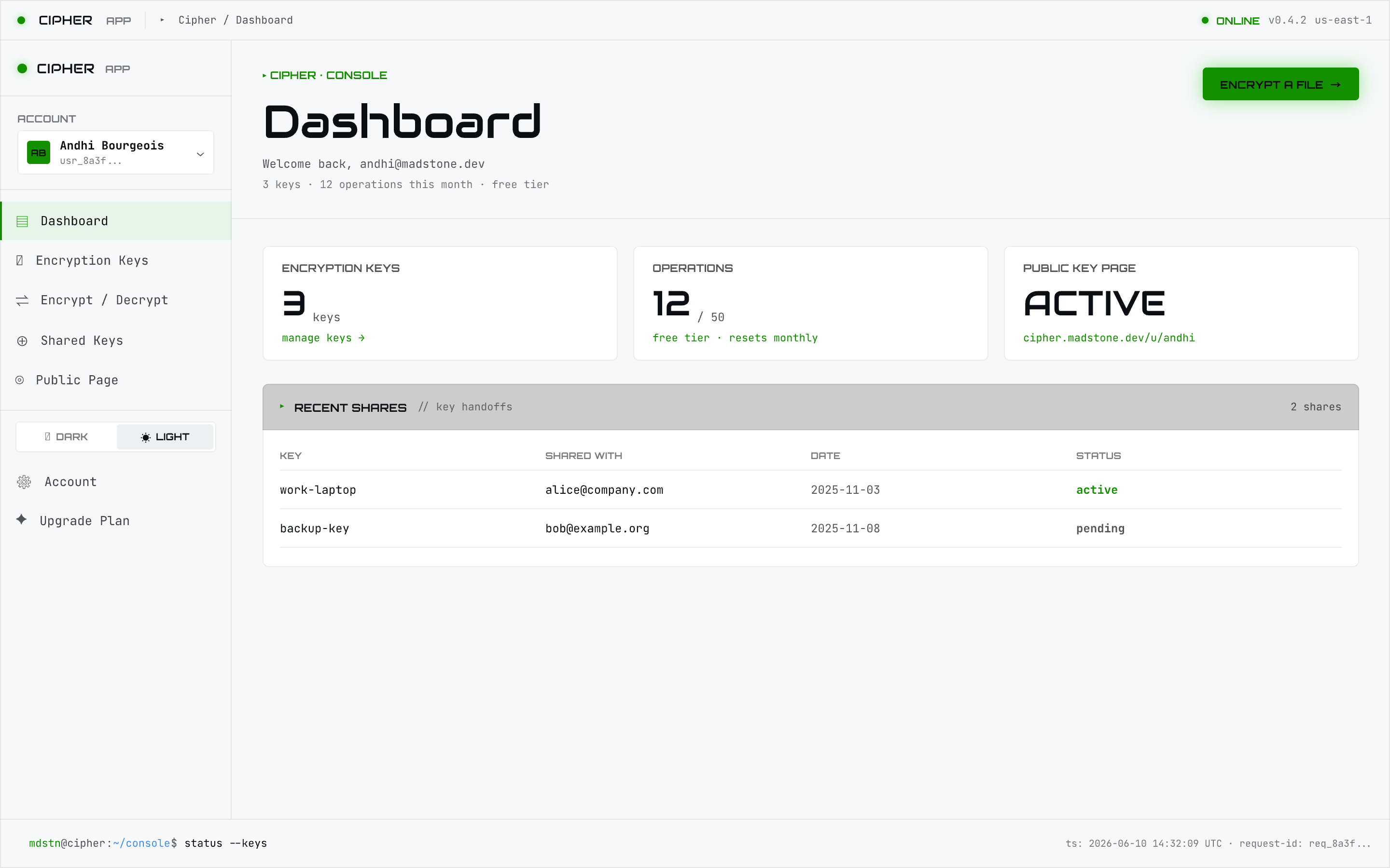 Cipher web dashboard showing key count, public page status, and recent shares